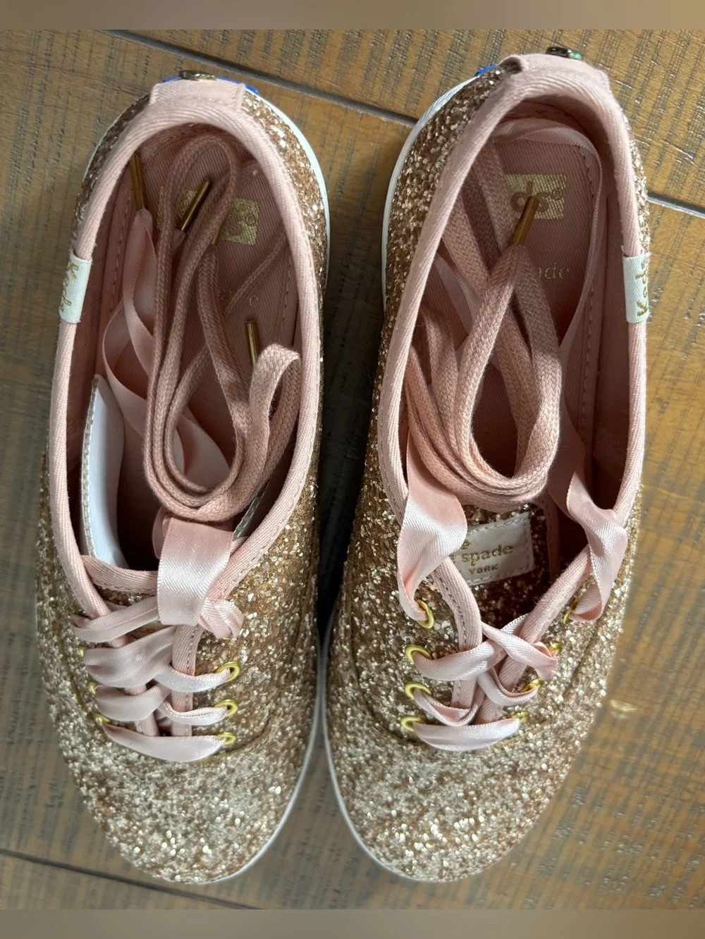 Keds x Kate Spade Champion Rose Gold Glitter Sneakers Box Extra Laces Women’s 7